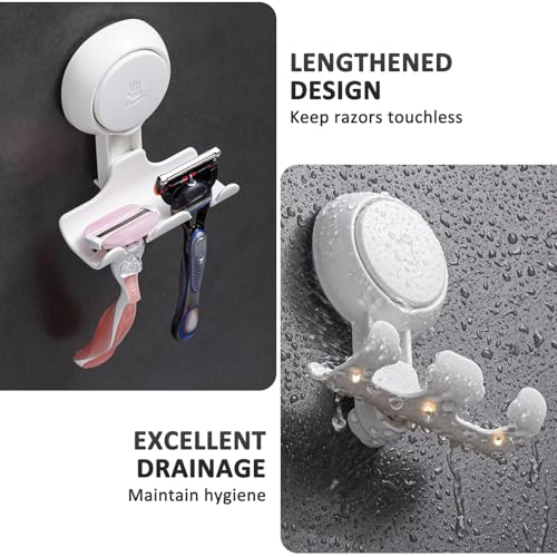 Razor Holder for Shower 2 Pack, Powerful Suction Cup Shower Hooks for Towel, Loofah, Razor, Squeegee, Damage-Free Wall Hooks, Shaver Holder for Bathroom, Easy to Install and Reuse, White