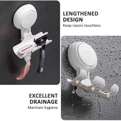 Razor Holder for Shower 2 Pack, Powerful Suction Cup Shower Hooks for Towel, Loofah, Razor, Squeegee, Damage-Free Wall Hooks, Shaver Holder for Bathroom, Easy to Install and Reuse, White