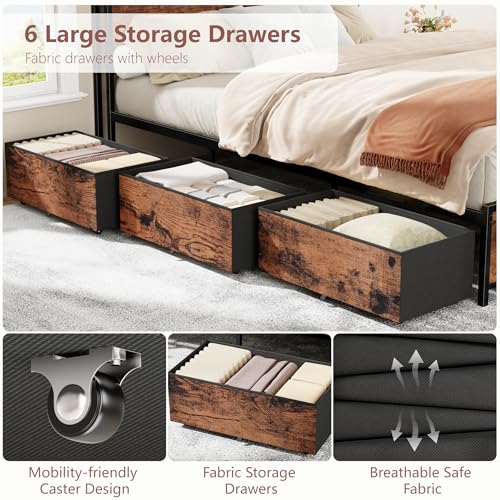 Forestell Queen Bed Frame with 2-Tier Storage Headboard & 6 Drawers