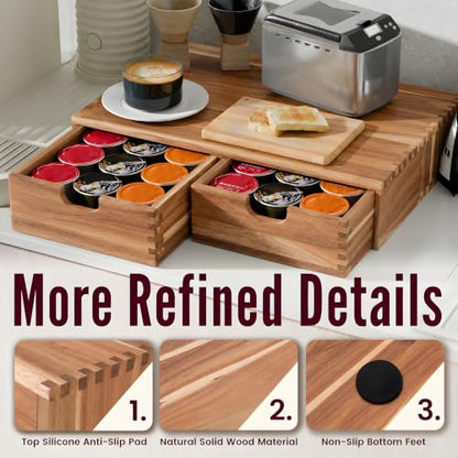 Wooden K Cup Organizer, Acacia Coffee Pods and Tea Organizer Holder | 30 Pod Capacity Coffee Pod Storage Box for K Cup Compatible Pods and Tea Bags, Countertop Coffee Station for Home Kitchen