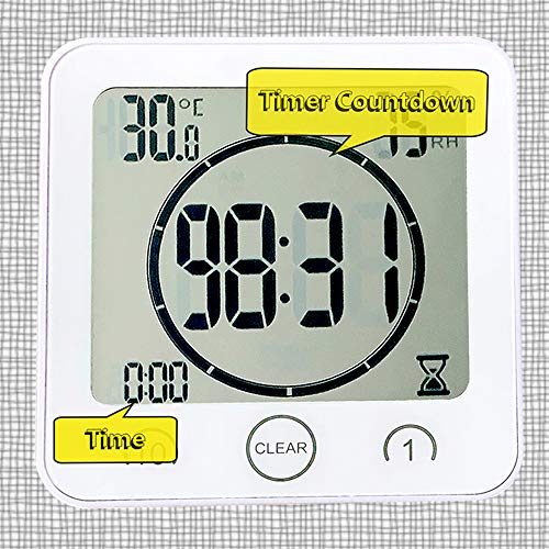 Waterproof Bathroom Wall Clock and Timer, Digital Water Resistant Hanging Timer for Shower, Large Display Kitchen Cooking Countdown Timers, Mirror Suction Clock with Temperature Humidity Meter (White)