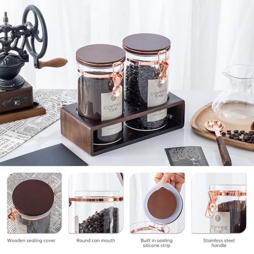 Glass Coffee Canister Set with Wooden Shelf, 2 Pack 45oz Airtight Food Storage Containers with Lids & Spoons, Large nisters for Coffee Beans, Sugar, Tea, Nuts