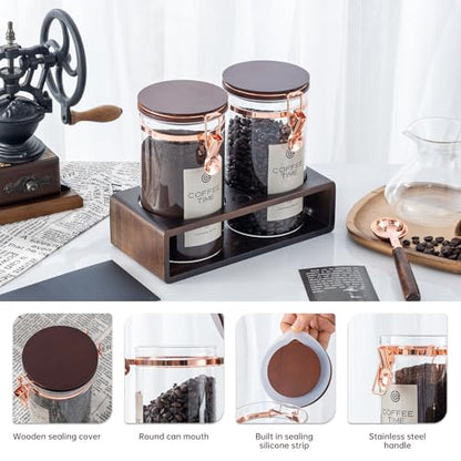 Glass Coffee Canister Set with Wooden Shelf, 2 Pack 45oz Airtight Food Storage Containers with Lids & Spoons, Large nisters for Coffee Beans, Sugar, Tea, Nuts