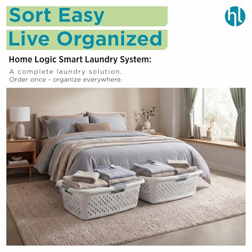 Home Logic 1.5 Bushel Plastic Laundry Basket Front Load, Large Laundry Hamper with Handles, Ventilated Clothes Organizer for Bedroom Bathroom Closet, 2 Pack, White