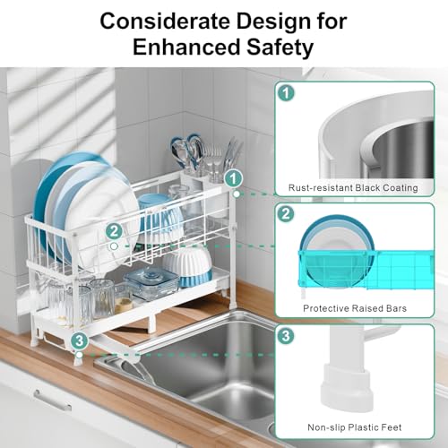 Narrow 2 Tier Dish Drying Rack - Expandable for Small Kitchens & RVs | Compact 7 in Deep, Expands 15.7-20.7 in, 360° Rotating Drain Spout, Removable Utensil Holder, Ideal for 1-2 People, White