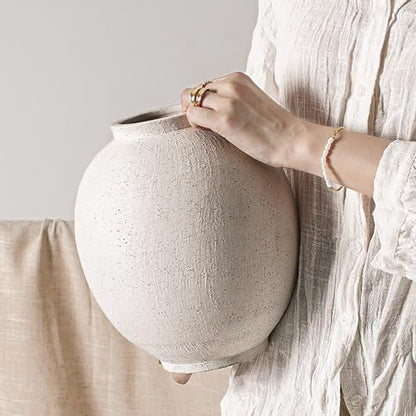 Large White Ceramic Vase - 9.8 Inch Rustic Farmhouse Flower Vase for Home Decor, Minimalist Tall Vases for Living Room, Table, Bathroom, Holiday & Weddings (Sandstone White)