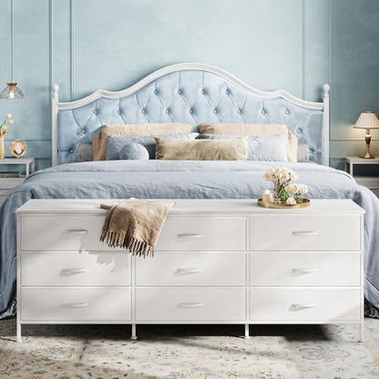 Huuger 63 Inch Dresser for Bedroom, Dresser for Closet with 9 Fabric Drawers, Large TV Stand for 55, 65, 70 Inch TV, Entertainment Center with Storage, Wide Long Chest of Drawers, White