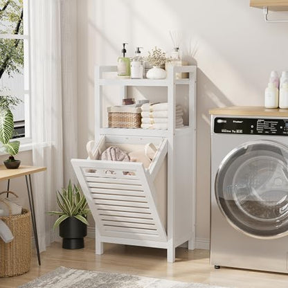 Tilt Out Laundry Hamper, 10 Gal Bamboo Laundry Storage Cabinet with Removable Basket, Hidden Hamper Organizer with Shelf for Dirty Clothes, Bathroom, Laundry Room, Space Saving, White