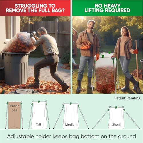 Adjustable & Foldable Leaf Bag Holder, for 33-55 Gallon Plastic & Paper Bags, No Tools Needed for Assembly, Works on Slopes, Trash Bag Stand, Yard & Lawn Cleanup, Gardening, Camping, Parties
