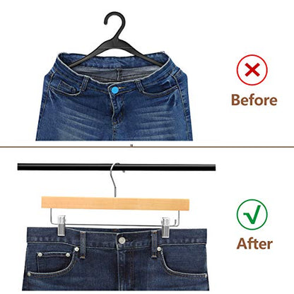 20pcs Wooden Pants Hangers Solid Pants Hanger with Adjustable Clips 14 Inch Natural Wood Skirt Hangers Trousers Bottom Hanger with Non-Slip Clips and 360° Swivel Hook