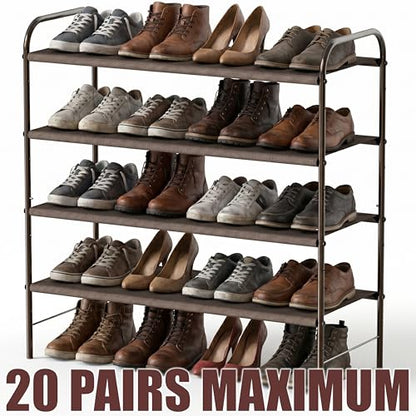 Simple Houseware 4-Tier Shoe Rack Storage Organizer, 12-20 Pair, Bronze | Space-Saving Shoe Shelf with Sturdy Metal Frame and Non-Woven Fabric Shelves for Entryway, Garage & Corridor