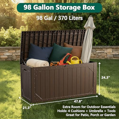 Outdoor Storage Box, 98 Gallon Deck Box, Outdoor Storage Bench, Waterproof Resin Storage Bench with Lockable Lid, Patio Furniture Cushions & Garden Tools Storage, UV Resistant (Brown)