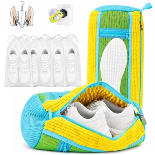 GEWON Shoe Washing Machine Bag for Wash & Dry, 4-in-1 Kit 2 Chenille Sneaker Laundry Bags + 2 Dust Bags, Self-Locking Zipper