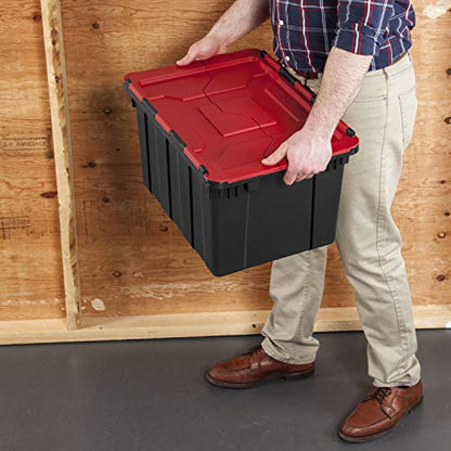 Sterilite 12 Gal Hinged Lid Industrial Tote, Stackable Storage Bin with Hinge Lid, Plastic Container to Organize Basement, Black with Red Lid, 6-Pack | Heavy-Duty and Stackable Utility Box Containers for Home, Office, and Basement Organization, Black/Red
