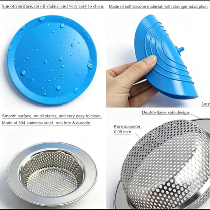 Seatery 4PCS Kitchen Sink Strainer Stopper Kit, Universal Silicone Sink Drain Plug Cover, Drain Water Stopper, 4.5 Inch Stainless Steel Sink Drain Strainer, Food Debris Catcher for Kitchen