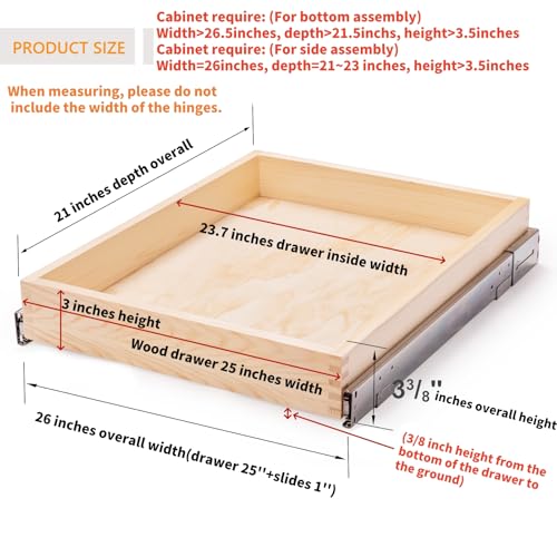 26''W x 21''D x 3''H Pull Out Cabinet Drawer Soft Close Slide Out Wood Organizer for Kitchen, Finished, Bottom and Side Assembly (Wood Drawer Part Width is 25inch)