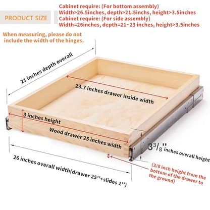 26''W x 21''D x 3''H Pull Out Cabinet Drawer Soft Close Slide Out Wood Organizer for Kitchen, Finished, Bottom and Side Assembly (Wood Drawer Part Width is 25inch)