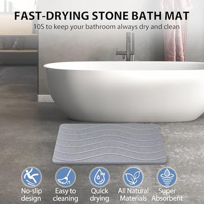 Absorbent Stone Bath Mat, Diatomaceous Earth Shower Mats, Non-Slip Water Absorbing Diatomite Stone Mat for Bathroom Floor, Quick-Drying Easy to Clean (23" x 16" Gray)