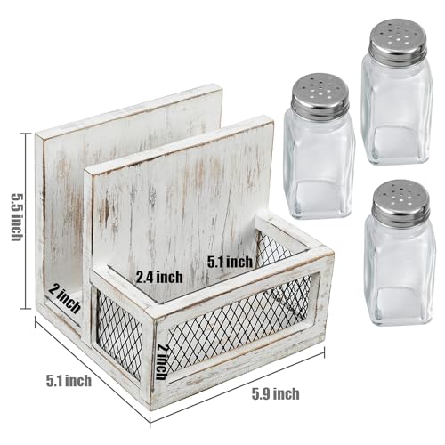 FARM IN Napkin Holder, Farmhouse Multifunctional Napkin Holder with Salt and Pepper Shakers Holder for Home and Commercial Use, Rustic Solid White Washed Wood & Diamond Metal Wire Mesh