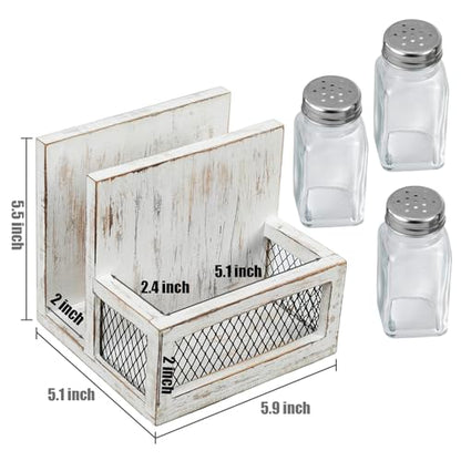 FARM IN Napkin Holder, Farmhouse Multifunctional Napkin Holder with Salt and Pepper Shakers Holder for Home and Commercial Use, Rustic Solid White Washed Wood & Diamond Metal Wire Mesh