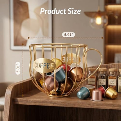 Coffee Pod Holder with Handle,Large Capacity Coffee Capsule Basket Cup Holder,Sturdy Iron Coffee Pod Organizer,Versatile Pods Storage Basket for Home Kitchen Bar Counter Office Desktop (Black)