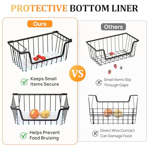 SUNALLY Stackable Storage Bins 4 Pcs Wire Baskets Freezer Organizer, Black | Pantry Organizers Storage, Vegetable Fruit Storage Basket for Countertop, Kitchen Baskets for Onion Potato Snack Cans Storage