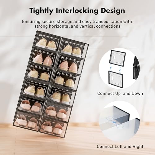 Foluck 15 Pack Shoe Storage Organizer Box Container Clear Plastic Stackable | Interlocking Design, Sturdy Dustproof Breathable, Fits Men's Size 9 Women's Size 10, for Closet Entryway Under Bed