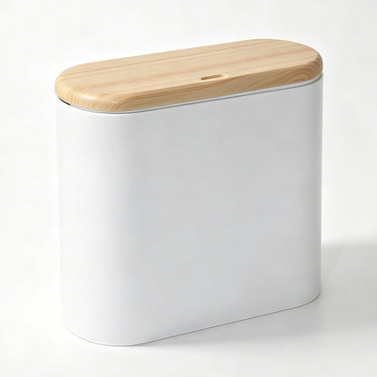 Small Bathroom Trash Can with Lid 2.6 Gallon, Slim Plastic White | Wastebasket, Odor & Pet Proof, Inner Bucket & Faux Wood Grain Top, For Kitchen, Bedroom, Living Room, Office, RV
