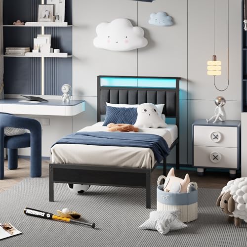 Twin Size Bed Frame with Charging Station and LED Lights