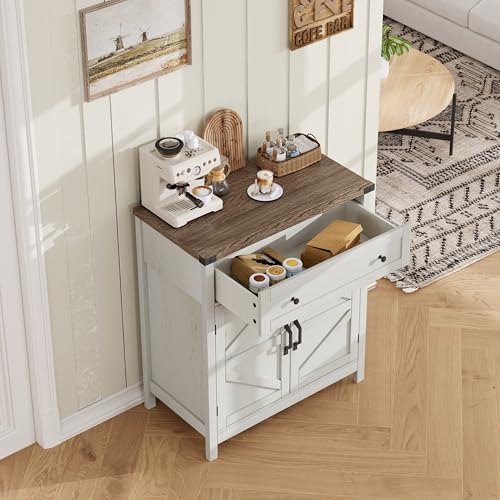 ChooChoo 30" W Coffee Bar Cabinet, Kitchen Storage Cabinet with Drawer | Small Buffet Cabinet, Farmhouse Sideboard Buffet, Adjustable Shelf, Rustic White