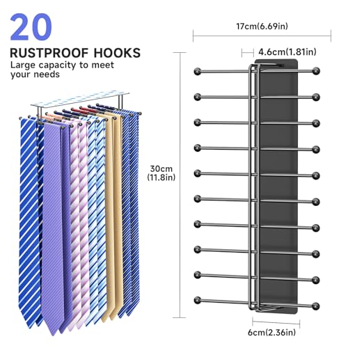 Tie Rack Wall Mounted, Tie Organizer for Men, Tie Rack Hanger for Closet Metal, Adhesive Tie Holder Organizer with 20 Hooks, Tie Storage for Wall Bedroom Living Room Dresser Room (Black)