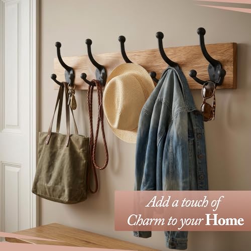 Cast Iron Tri Leg Coat Hooks (5 Pack) Wall Mounted Farmhouse, Decorative, Rust Proof for Exterior or Interior Wall Hooks, Vintage Hooks for Hanging Coats, Bags, Hats, Towels etc (Black)