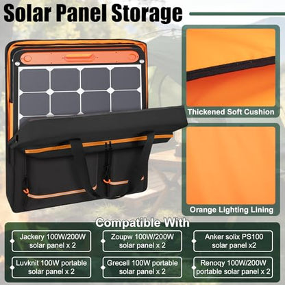 Solar Panel Storage Bag Fit for New Jackery SolarSaga 200W 100W | Orange Lining, Deepened Opening, Zipper with Pull, Multi-Accessory Space, Solar Panel Travel Carrying Case, Black
