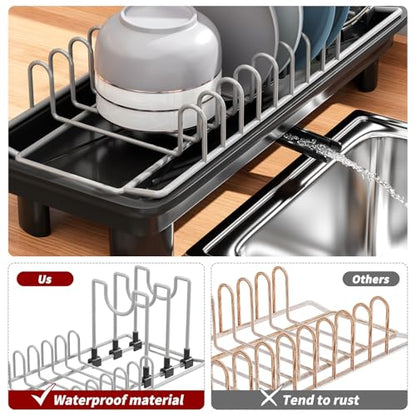 Small Dish Drying Rack, Stainless Steel with Drain Board & Utensil Holder | Anti-Scratch Base, Space Saving Design for Kitchen Counter, Black