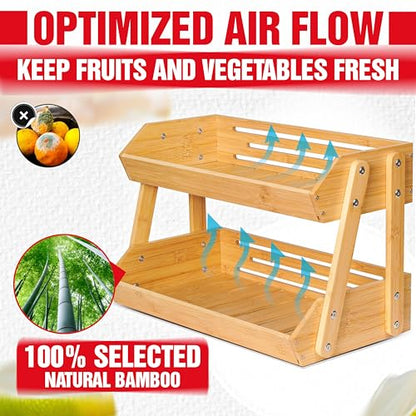 16.5" Fruit Stand Storage Holder 4 Sturdier Legs, 2-Tier Fruit Basket Bowl | Premium Produce Basket for Kitchen, Bamboo Fruit Bowl Holder for Fruit, Vegetables, Bread, Snacks, Countertop Organizer