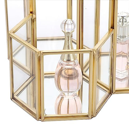 Hipiwe Glass Makeup Brush Holder 3 Slot Gold Desktop Pen Pencil Pot Cup | Mirrored Cosmetics Brush Organizer, Office Desk Storage Holder Vintage Decorative Makeup Storage Box, Large