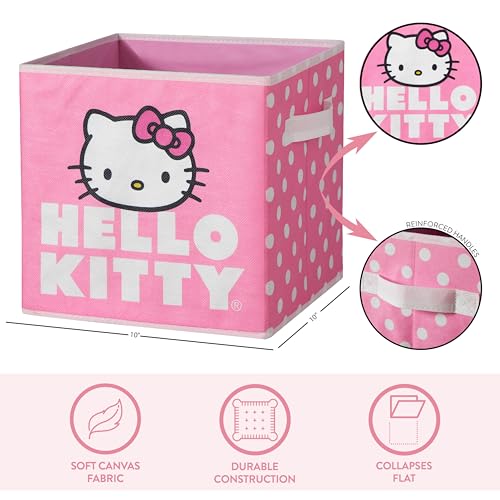 Hello Kitty Set of 2 Storage Cubes with Handles, Durable Foldable Fabric Organizer Bins for Bedroom, Closet, Nursery & Dorm, 10x10x10 Inch Cube Storage Baskets for Toys, Clothes & Shelves