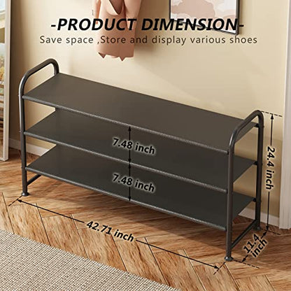 INGIORDAR 3 Tier Long Shoe Rack Organizer for Closet Metal Shoe Storage | Extra-wide Design Stores 20+ Pairs of Shoes, Sturdy Metal Frame, Ideal for Entryway,Closet and Garage Storage Black