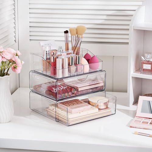 Vtopmart 3 Tier Clear Makeup Organizer with 2 Drawers | Smart Storage Layout, Clear for Better Visibility, Stackable, Large Capacity, for Makeup Lipstick Brush Skincare