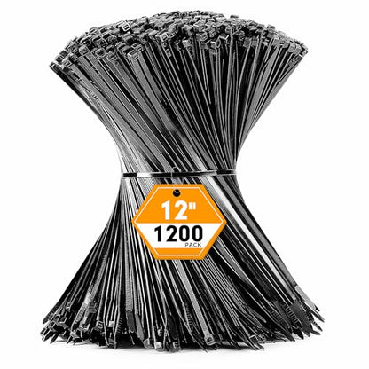 1200pcs Black Cable Zip Ties 12 Inch, Heavy Duty Plastic Nylon Tie Wraps with 50lb Tensile Strength for Indoor & Outdoor