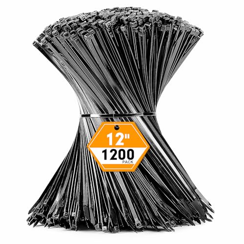 1200pcs Black Cable Zip Ties 12 Inch, Heavy Duty Plastic Nylon Tie Wraps with 50lb Tensile Strength for Indoor & Outdoor