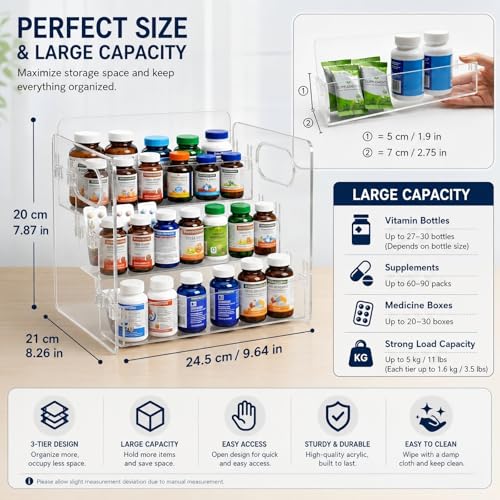 3-Tier Vitamin Storage Organizer, Organizer For Vitamin Bottles And Medicine Bottle, Vitamin Bottle Organizer For Countertop, Bathroom Cabinet Storage Items Are Clearly Visible