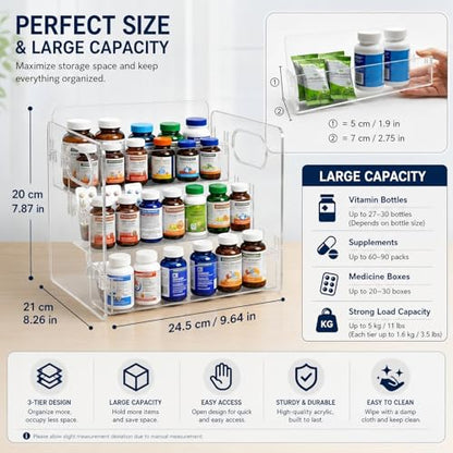 3-Tier Vitamin Storage Organizer, Organizer For Vitamin Bottles And Medicine Bottle, Vitamin Bottle Organizer For Countertop, Bathroom Cabinet Storage Items Are Clearly Visible
