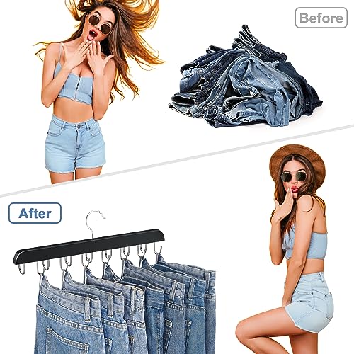 Jean Hangers for Closet, 14 Wood Jeans Hooks Space Saving, 180° Rotating Jean Hangers for Skirts/Shorts/Belts/Ties, Closet Organizers and Storage, Pants Hooks for Jeans, 2 Pack, Black