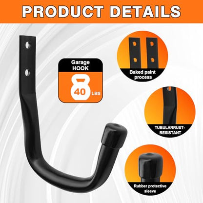 Heavy Duty Wall Garage Hooks, Steel Anti-Slip Utility Hooks Storage Organization Hangers for Ladders, Bikes, Hose, Garden Tools, Coats, Bags with Mounting Hardware Kit (Black, 12 Pack)