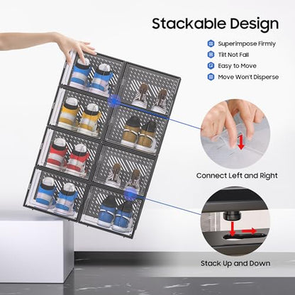 X-Large Shoe Boxes with Magnetic Door, 12-Pack Stackable Shoes Storage Organizer for Closet, Clear Plastic Sneaker Container Shoe Rack for Size 12, Black