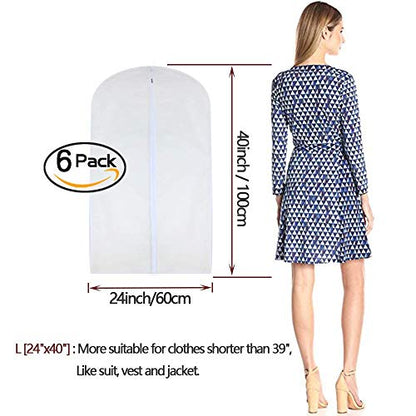 Garment Bags for Hanging Clothes 24'' x 40'' Suit Hanging Garment Bags White Breathable Suit Covers for Closet Full Zipper Dust Cover for Suits Dance Clothes Closet Pack of 6
