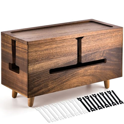 Brown Wood Large Cable Management Box for Power Strip and Cord Hideaway | Large solid wood cable box fits 13" power strips, detachable legs, air vents, child-safe lid, tool-free, hides 6-8 cords.