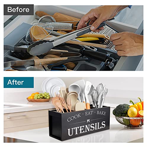 Extra Large Utensil Holder Countertop for Kitchen Counter,Wood,Black | Hold 40 Utensils,4 Removable Divider,Rutic Silverware Organizer Caddy,Spacesaving,Farmhouse Cooking Crock for Spatula,Spoon