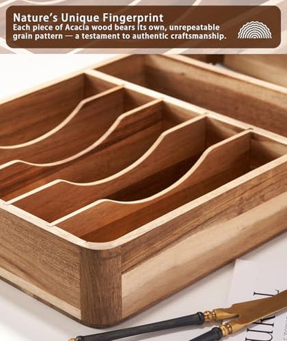 Silverware Drawer Organizer, Acacia Wood Tray for Cutlery & Flatware | Fixed 10.5" Wide, 7-Compartment Utensil Holder for Forks & Spoons